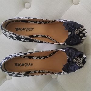 Black and White Floral Peep Toe Pumps